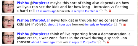 think of live reporting from a demonstration, a plane crash, a war zone, faces in the crowd during a speech -no consent- news folk get in trouble for no consent when kids are involved - maybe this sort of thing also depends on how well you can see the kids and for how long - intrusion vs fleeting -  a hard call