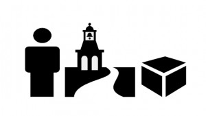 a black and white simple representation of a person, a historical monument and a plain box