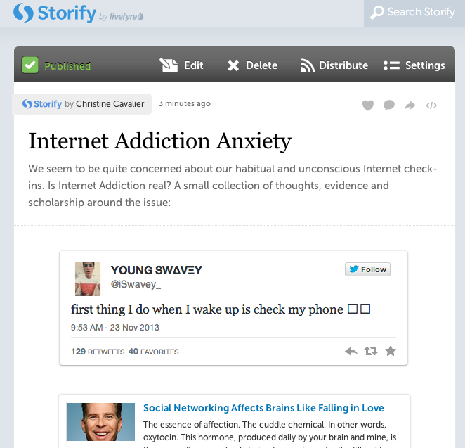 A screenshot of my storify file on Internet Addiction Anxiety