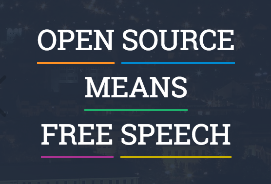 Pic of SourceFabric Motto. White block type on black background: "Open Source Means Free Speech."