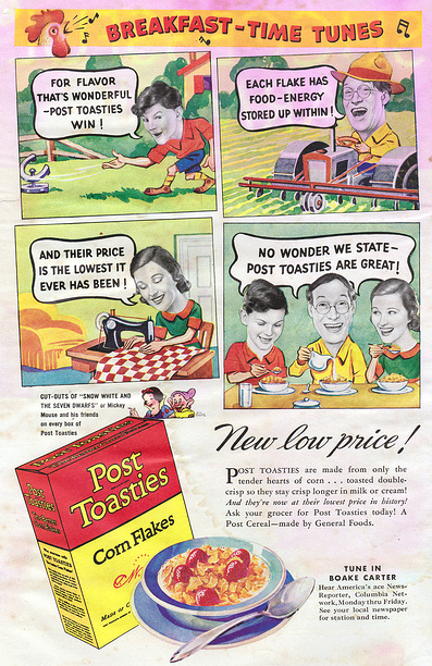 old newspaper color ad for "post toasties" cereal