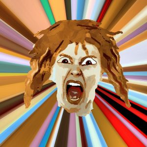 cartoonish drawing of a white woman with light brown/reddish hair with her mouth wide open in a yell, set against a multicolored, striped, inward-angle background