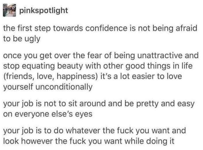 the first step towards confidence is not being afraid to be ugly

once you get over the fear of being unattractive and stop equating beauty with other good things in life (friends, love, happiness) it's a lot easier to love yourself unconditionally

your job is not to sit around and be pretty easy on everyone else's eyes

your job is to do whatever the fuck you want and look however the fuck you want while doing it 

pinkspotlight