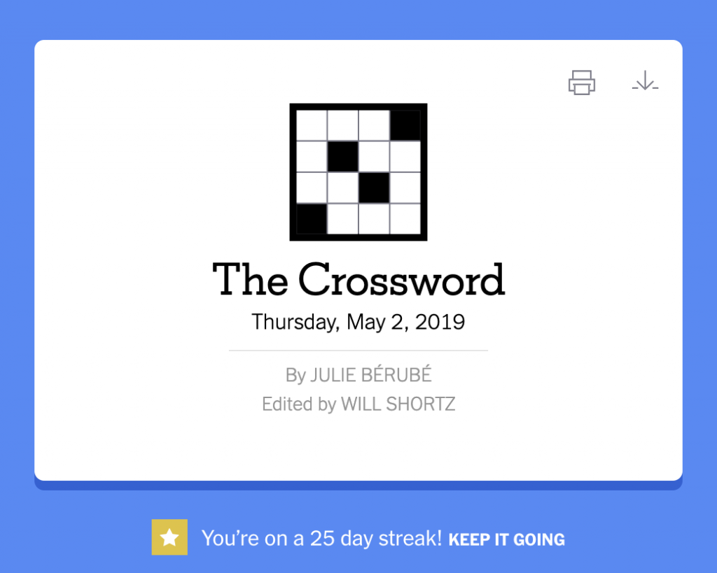 screen shot of the crossword icon. Under the icon there is a notification that says "You're on a 25 day streak! KEEP IT GOING." 