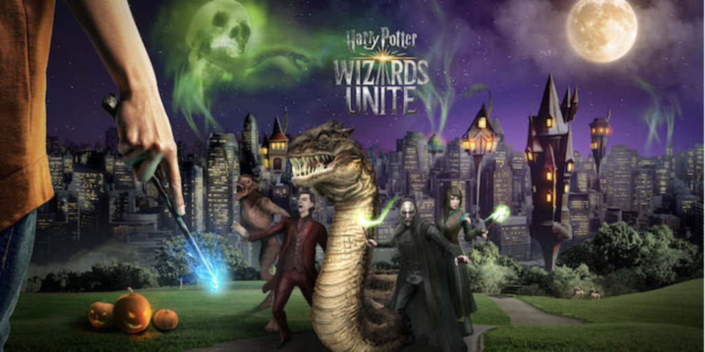 a branded drawn scene of Harry Potter world characters - a promo for an online event for the game