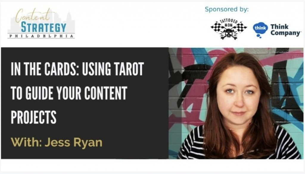 Header for the MeetUp Meeting with the title "In the Cards: Using Tarot to Guide Your Content Projects" 