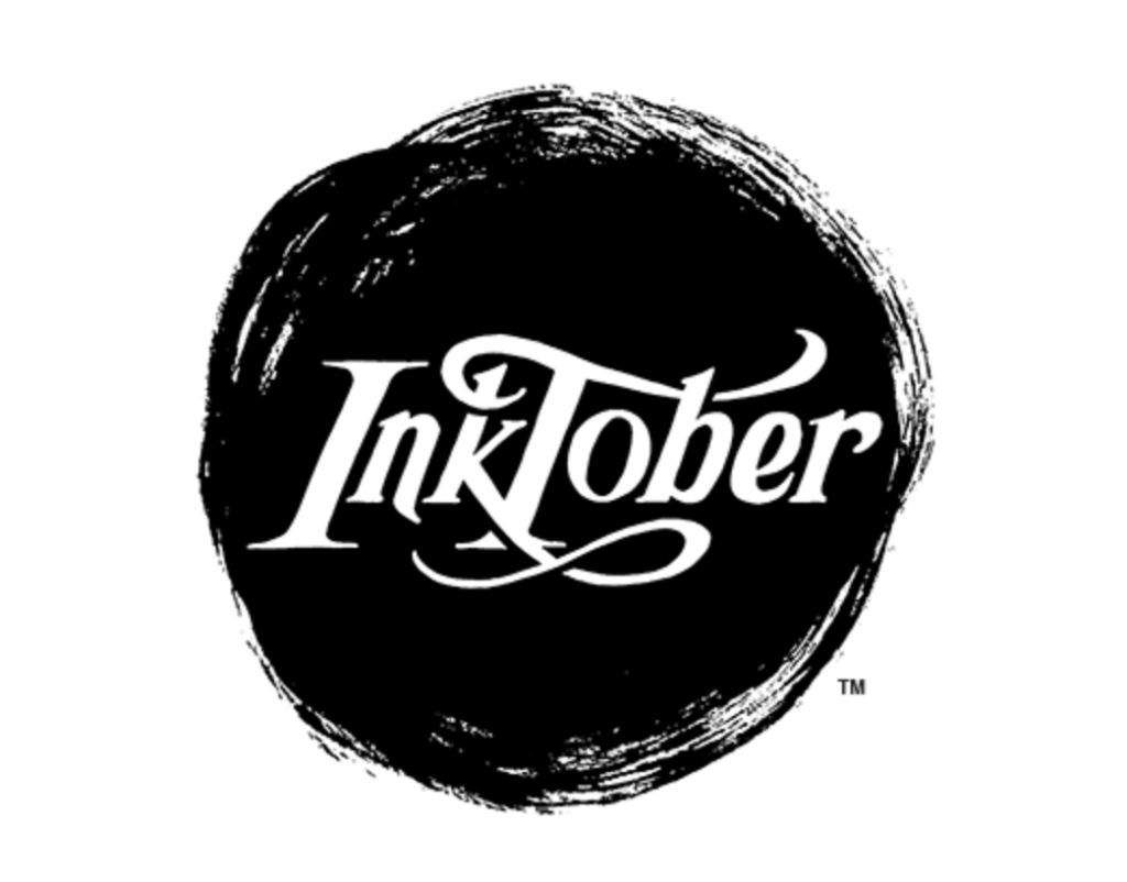 a large black inkspot with the Inktober logo in it in white, set against a white background. There is a tiny "TM" next to the ink blot to note the Trademark. Owned by Jake Parker,