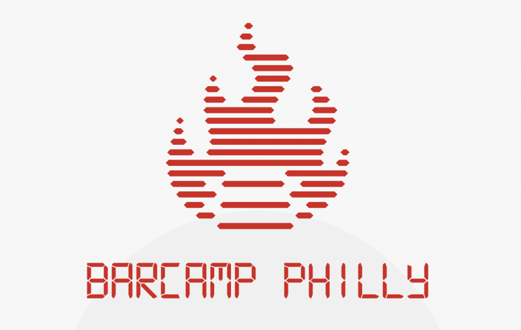 a screenshot of the Barcamp Philly logo, a digitized flame in red with "BARCAMP PHILLY" written in all caps digital font