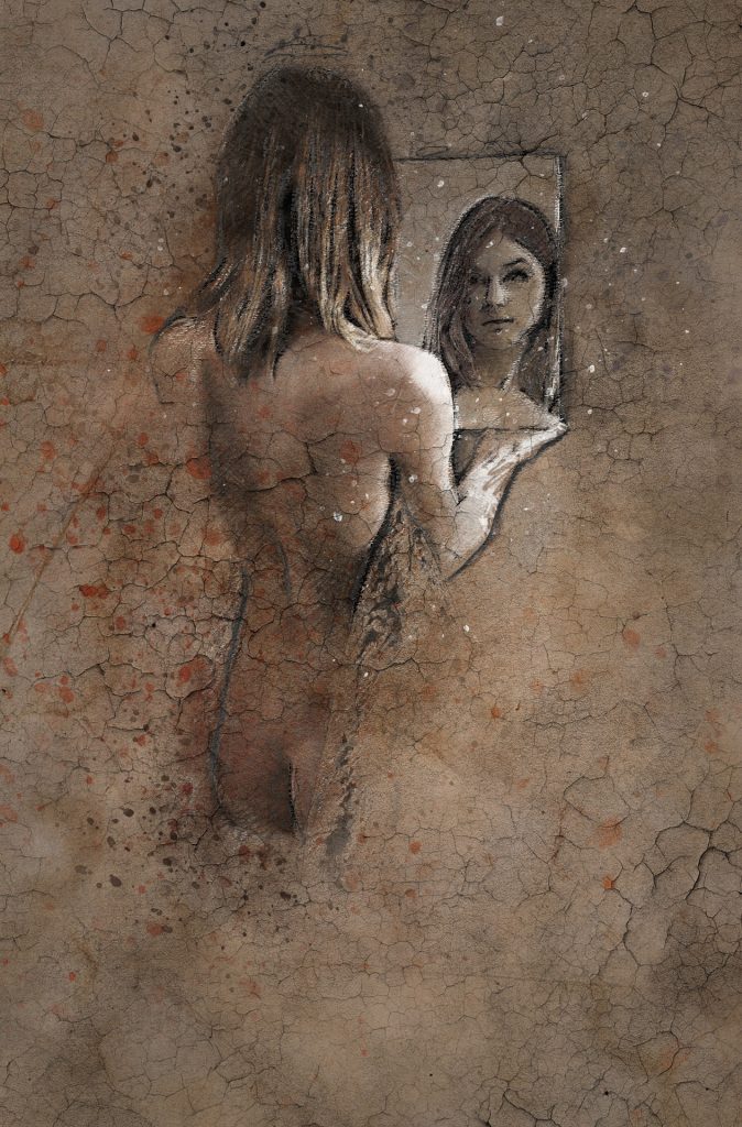 crackled sepia pencil sketch picture of a woman's bare back and butt looking into a hand held square mirror where we can see only her face
